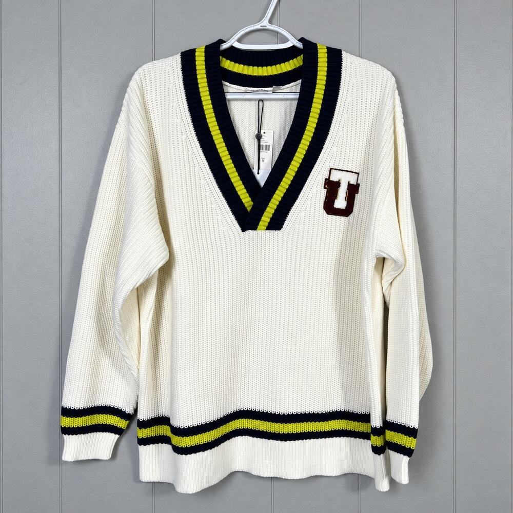 Anthropologie The Upside Varsity Josie V Neck Sweater Womens M Ivory NWT